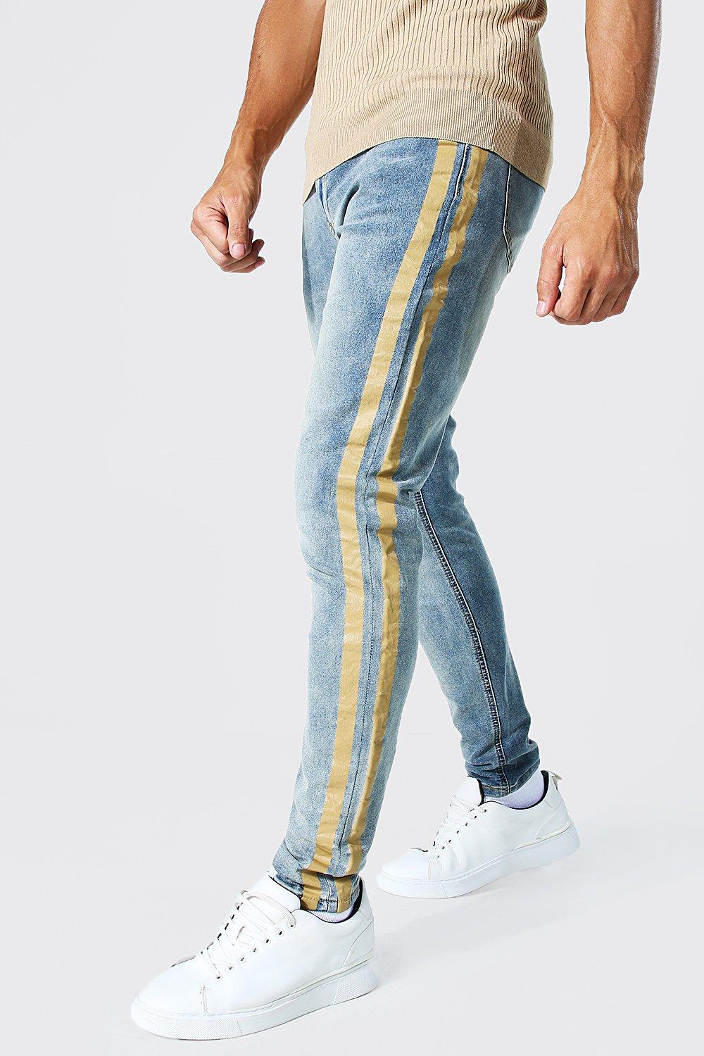 Denim jeans with yellow hot sale stripe